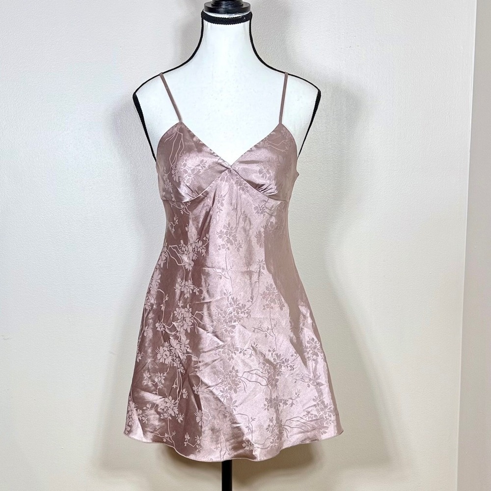 Womens Satin Babydoll Mini Slip Dress Size S Mauve Pink Floral Jacquard Y2K